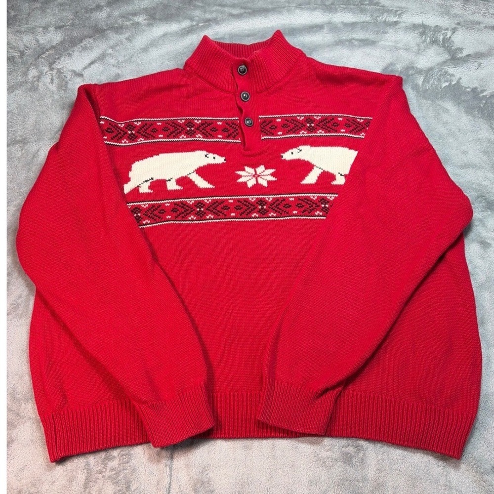 Chaps Mens Red Polar Bear Fair Isle Mock Neck Quarter Button Sweater XXL